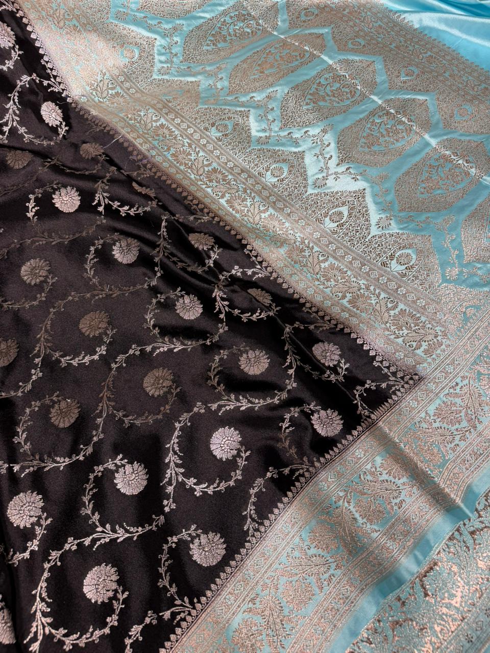 Jet Black Mashru Katan Silk Heritage Banarasi Saree 