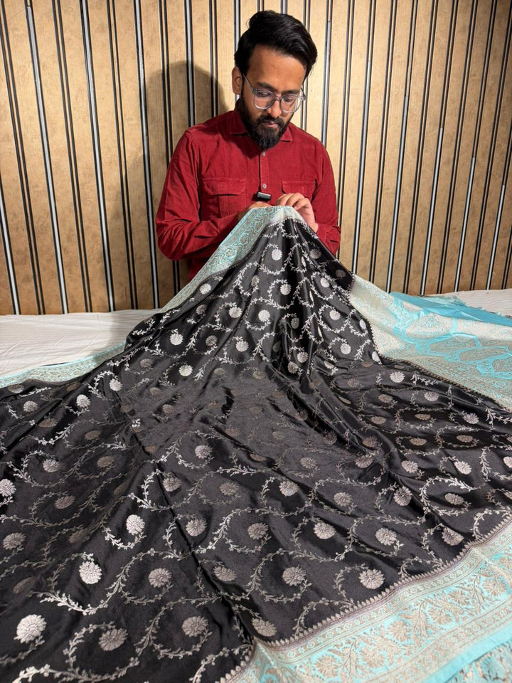 Jet Black Mashru Katan Silk Heritage Banarasi Saree 