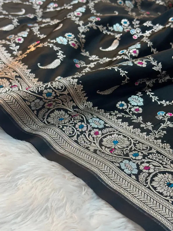 Jet Black Mashru Katan Silk Tilfi Meenakari Weave Banarasi Saree