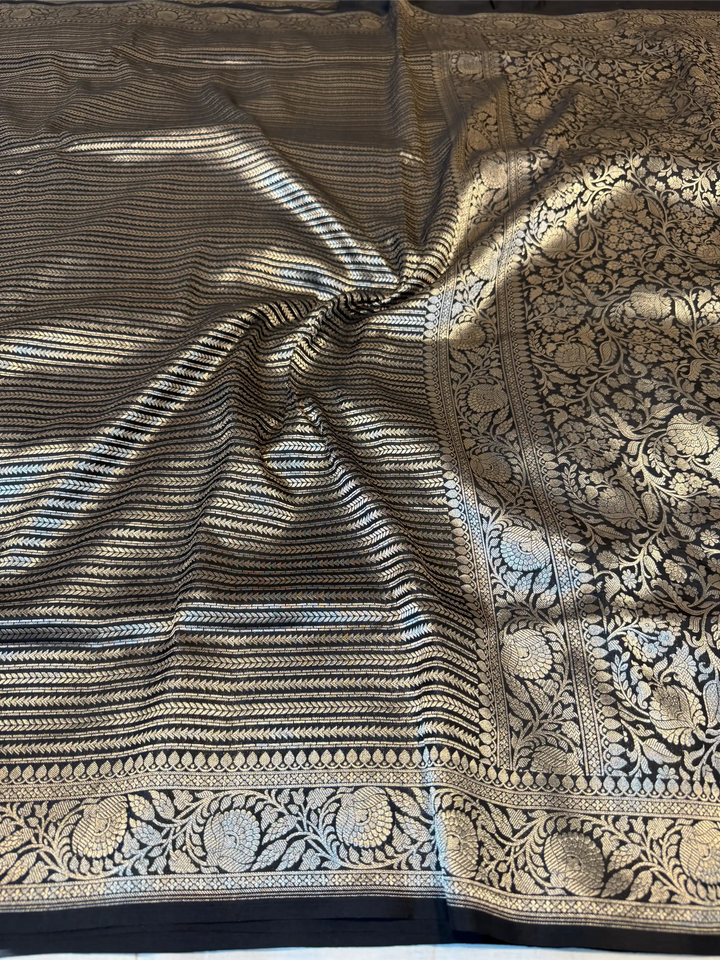 Jet Black Pure Katan Silk Silver Zari Intricate Weave Banarasi Saree