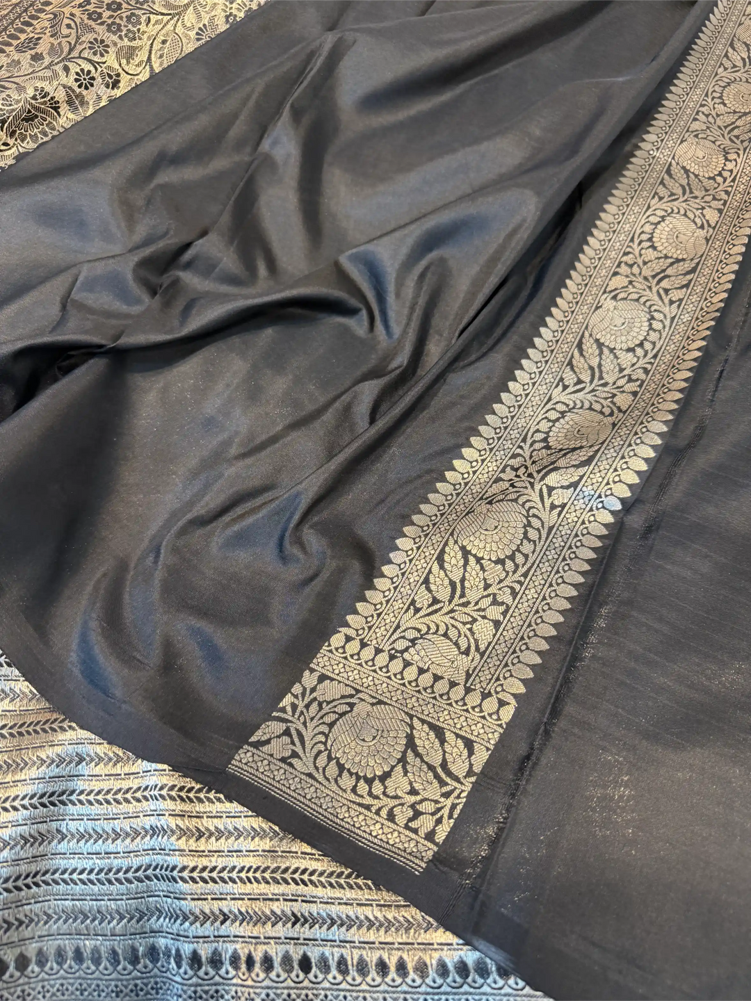 Jet Black Pure Katan Silk Silver Zari Intricate Weave Banarasi Saree