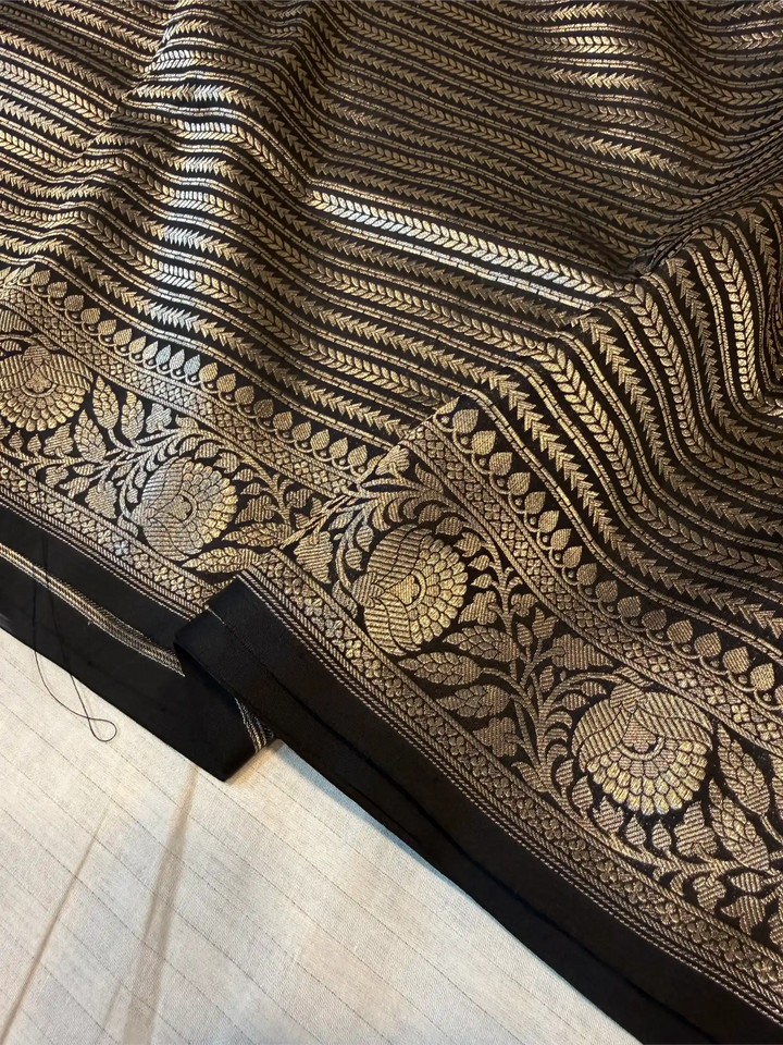 Jet Black Pure Katan Silk Silver Zari Intricate Weave Banarasi Saree