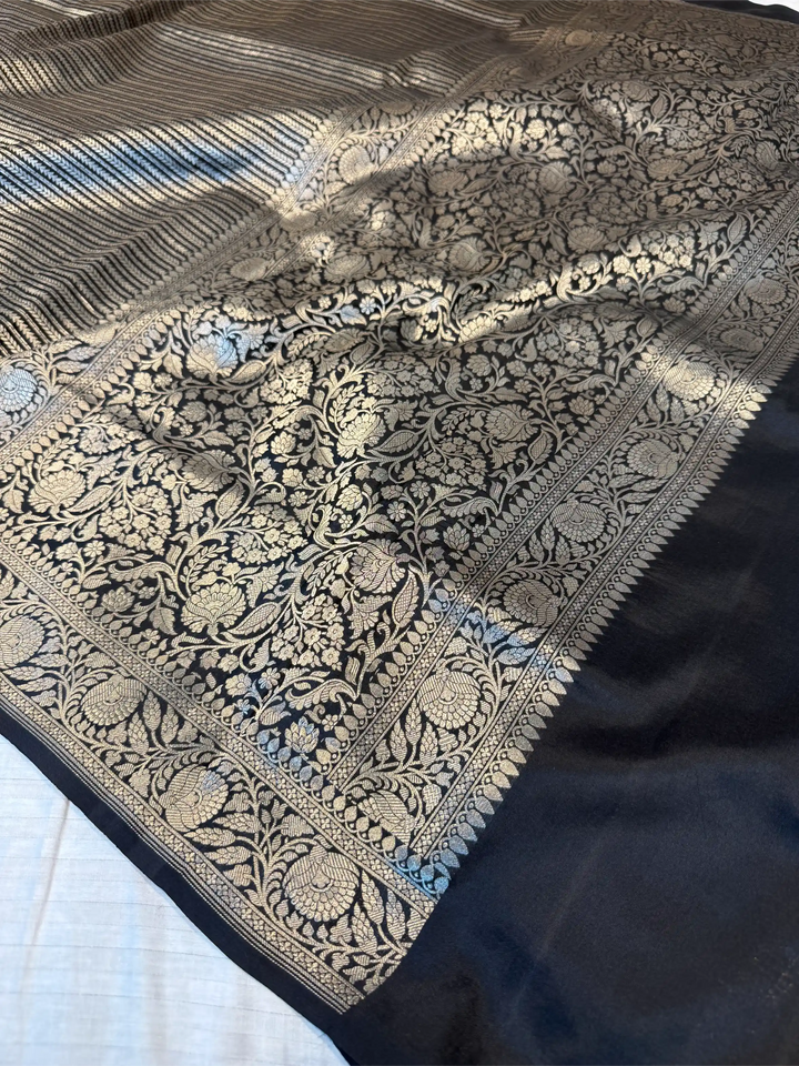 Jet Black Pure Katan Silk Silver Zari Intricate Weave Banarasi Saree