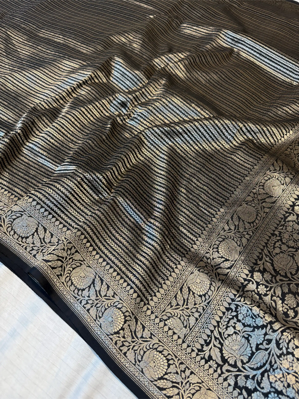 Jet Black Pure Katan Silk Silver Zari Intricate Weave Banarasi Saree