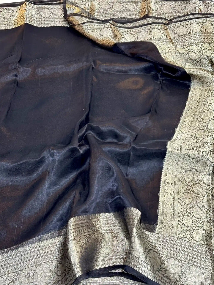 Jet Black Pure Tissue Silk Banarasi Saree