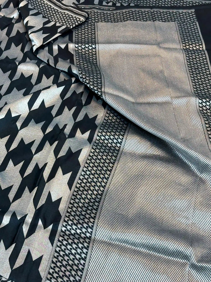 Jet Black Pure Katan Silk Silver Zari Saree