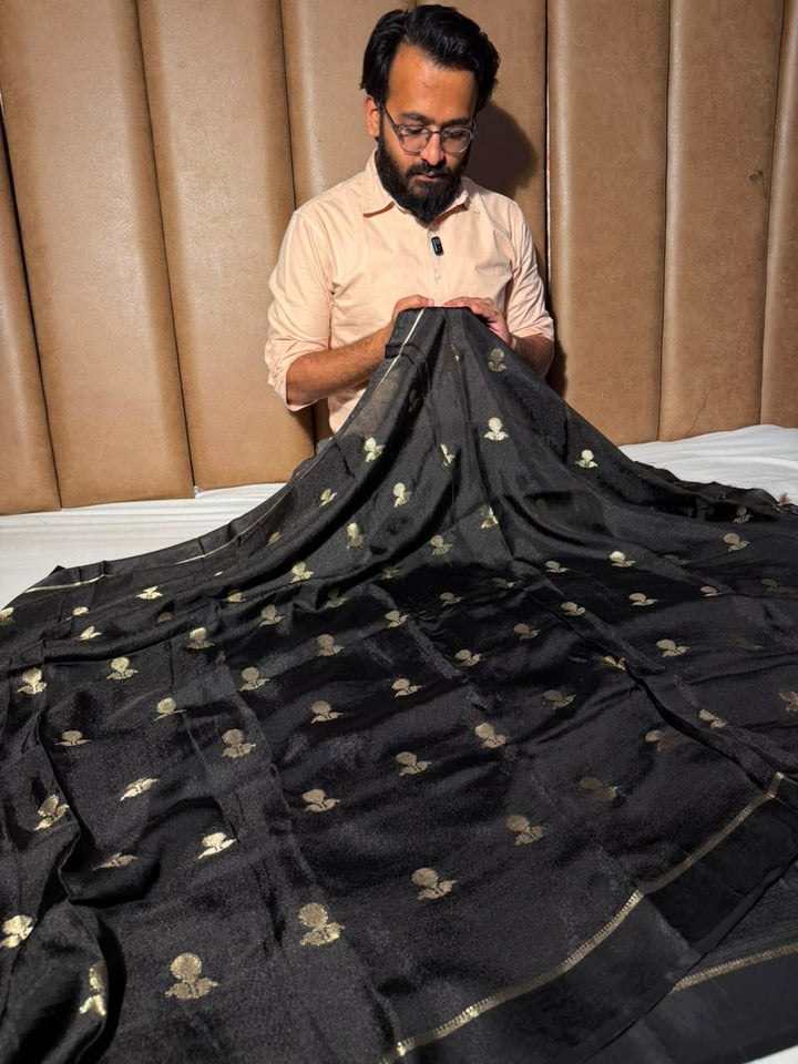 Jet Black Shade Viscose Georgette Banarasi Saree
