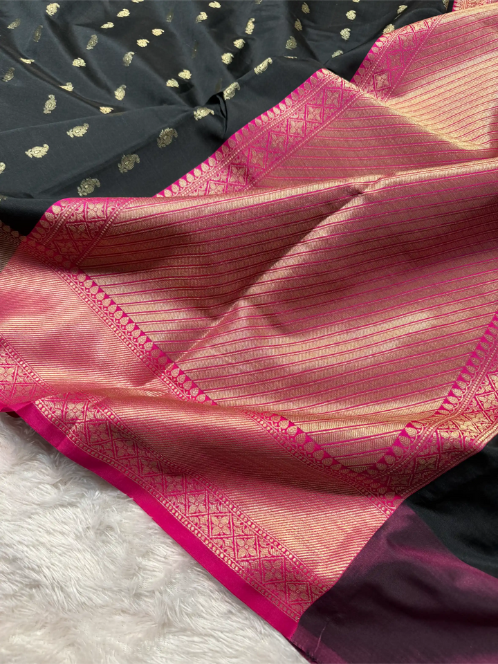 Jet Black Softsilk Contrast Traditional Banarasi Saree