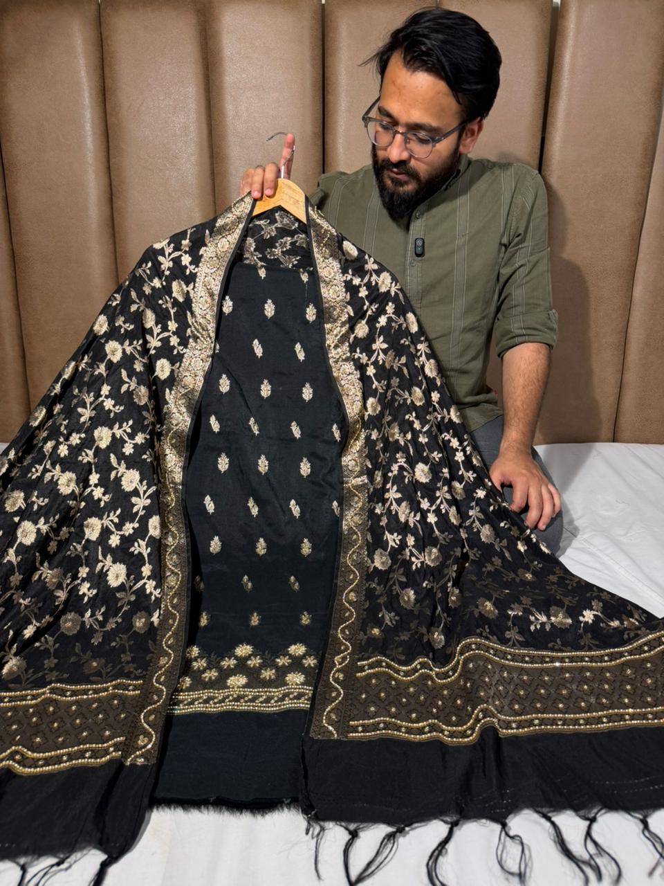 Jet Black Chinia Silk Premium Handwork Suit