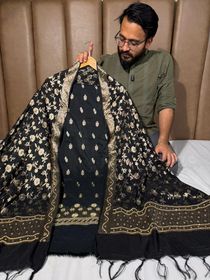 Jet Black Chinia Silk Premium Handwork Suit