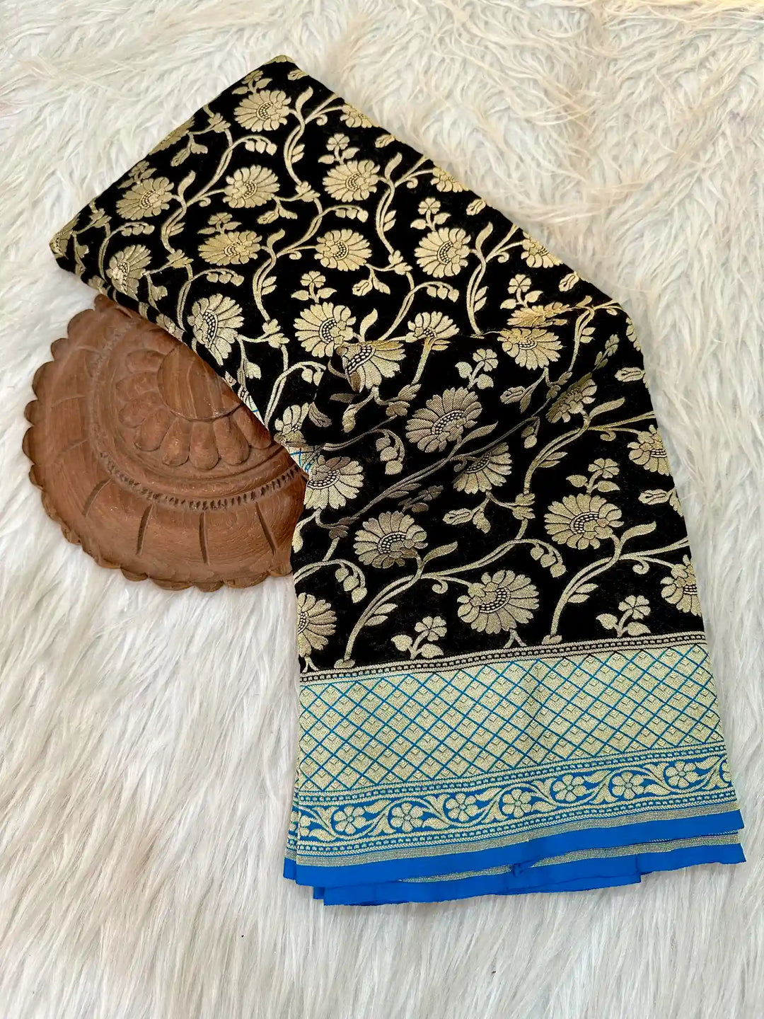 Jet Black Floral Khaddi Beorgette Banarasi Saree