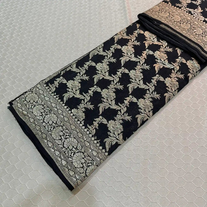 Jet Black Floral Munga Silk Banarasi Saree