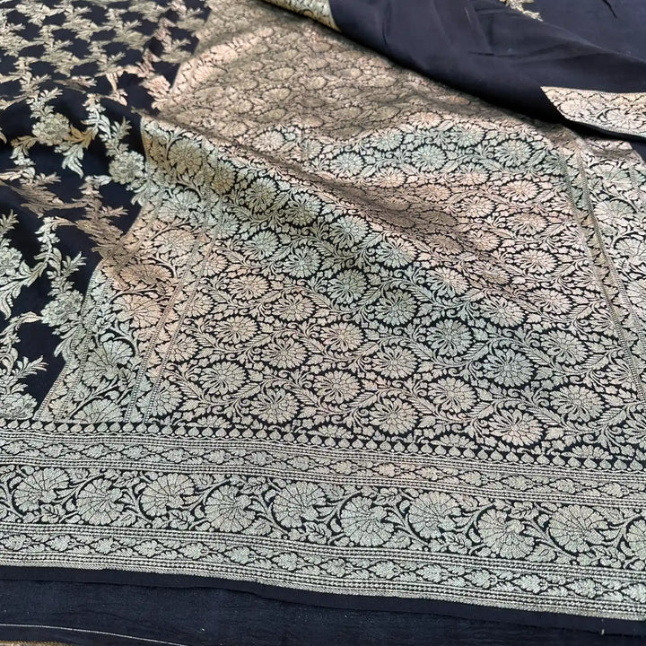 Jet Black Floral Munga Silk Banarasi Saree