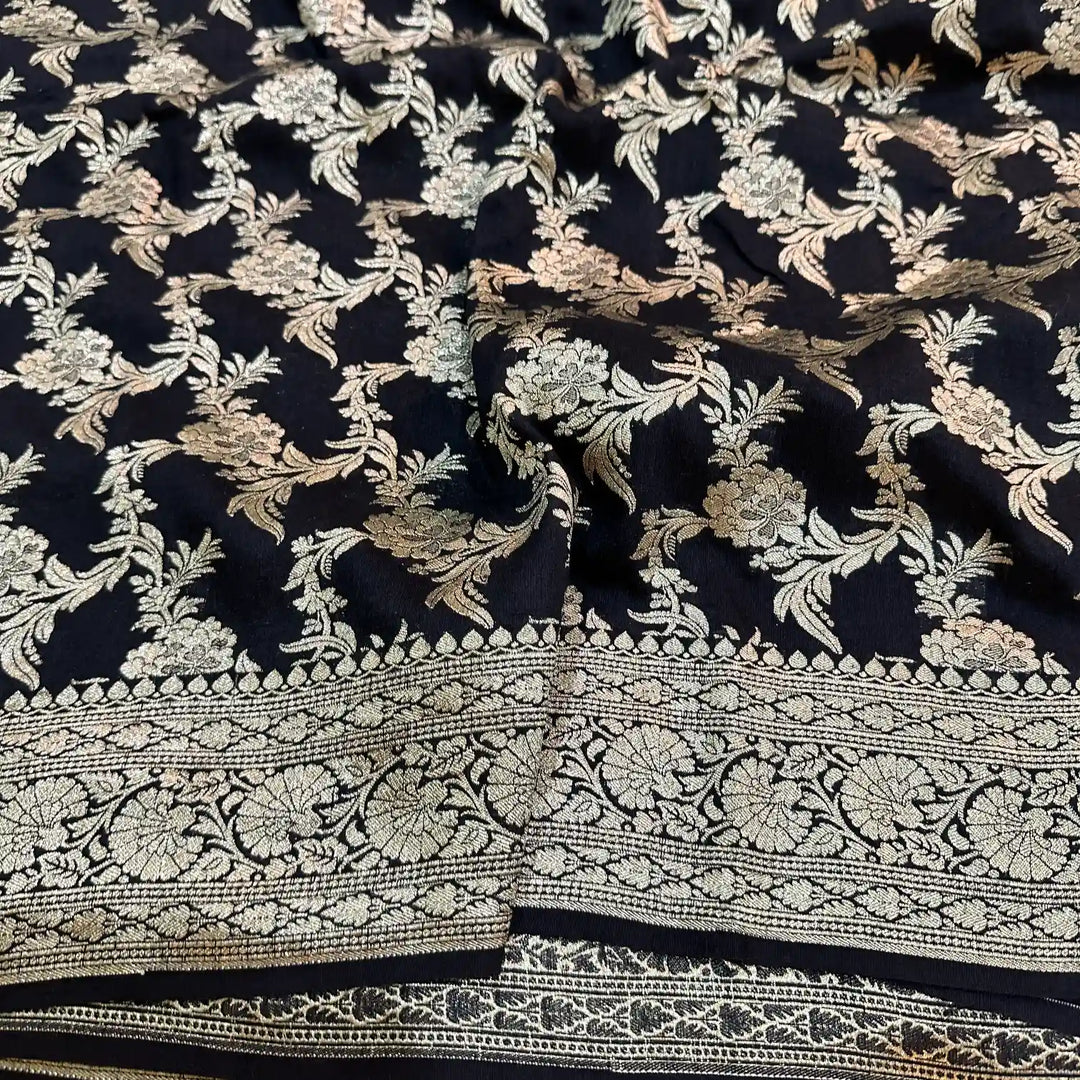 Jet Black Floral Munga Silk Banarasi Saree