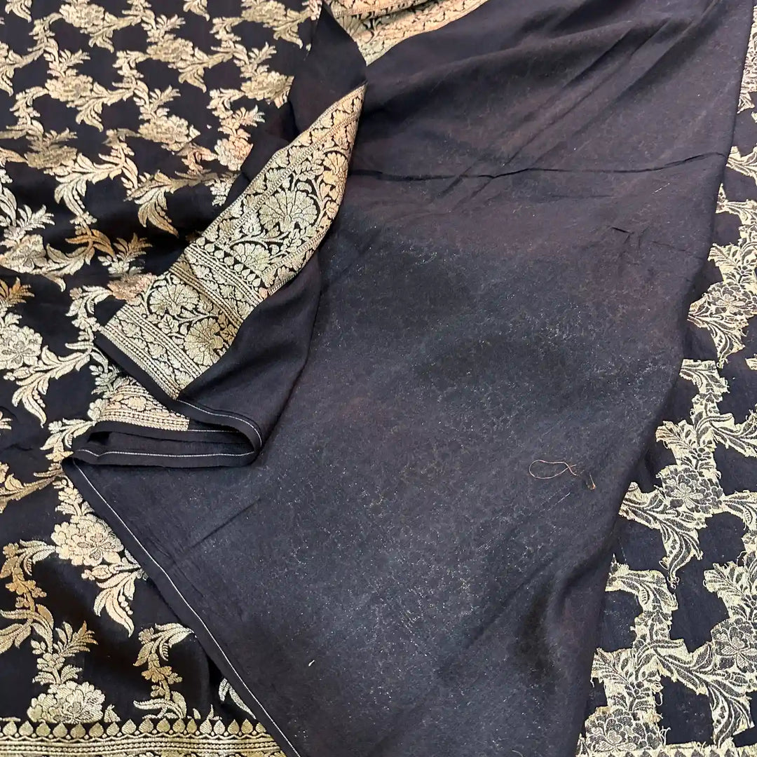 Jet Black Floral Munga Silk Banarasi Saree