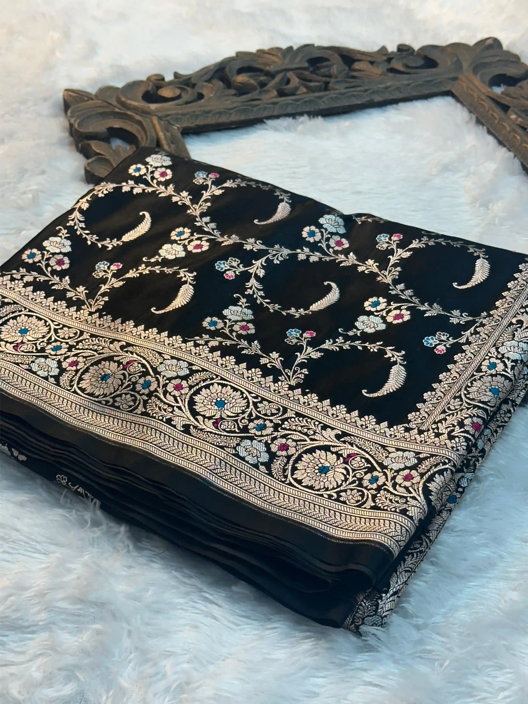 Jet Black Mashru Katan Silk Intricate Meenakari Banarasi Saree