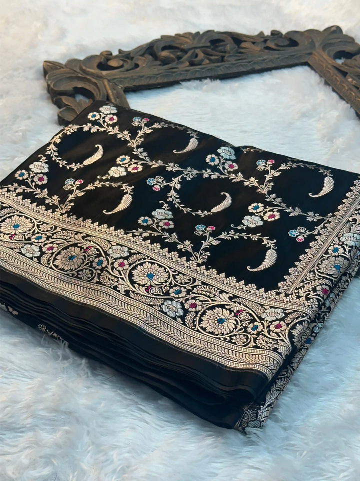 Jet Black Mashru Katan Silk Intricate Meenakari Banarasi Saree