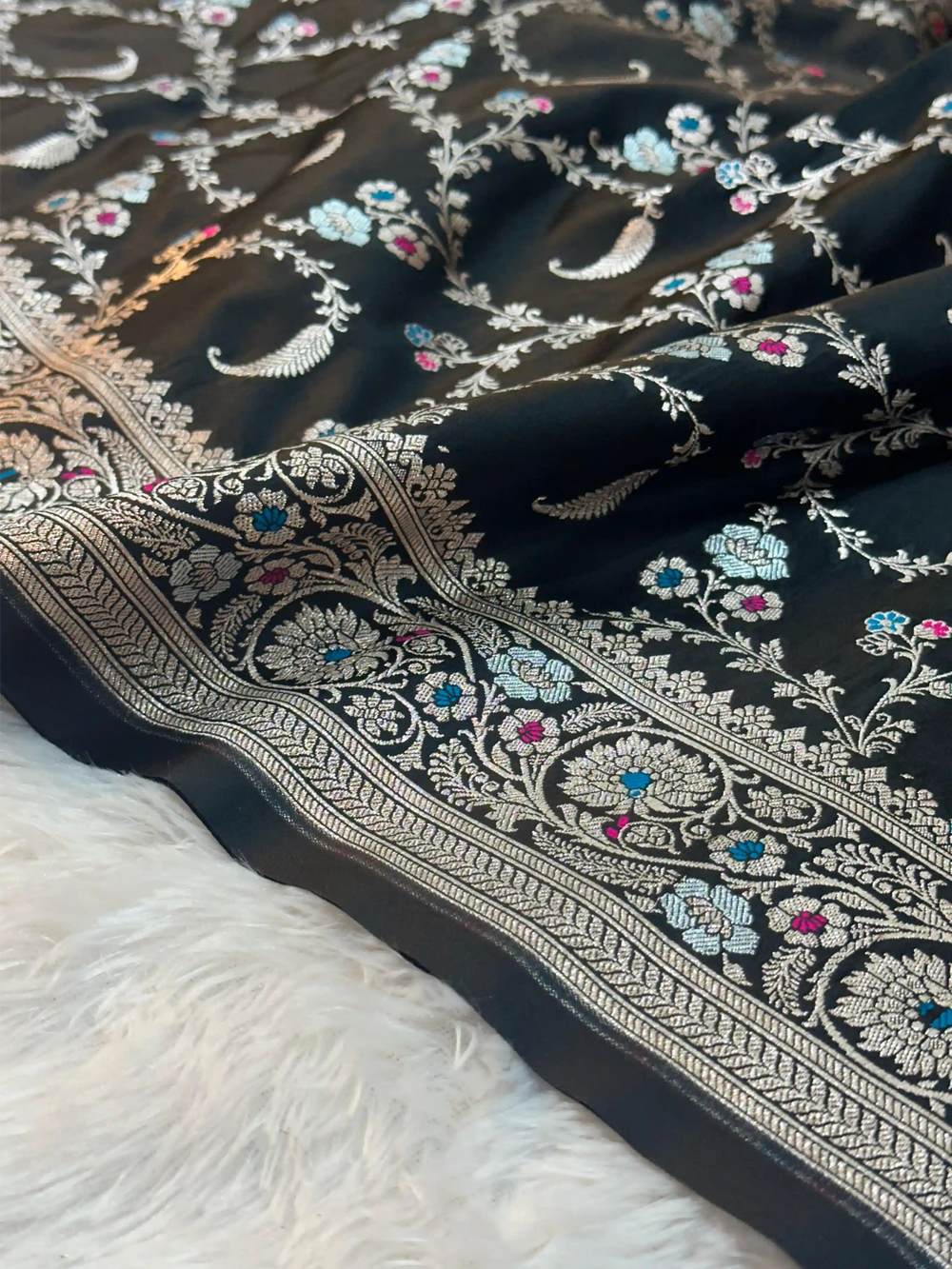 Jet Black Mashru Katan Silk Intricate Meenakari Banarasi Saree