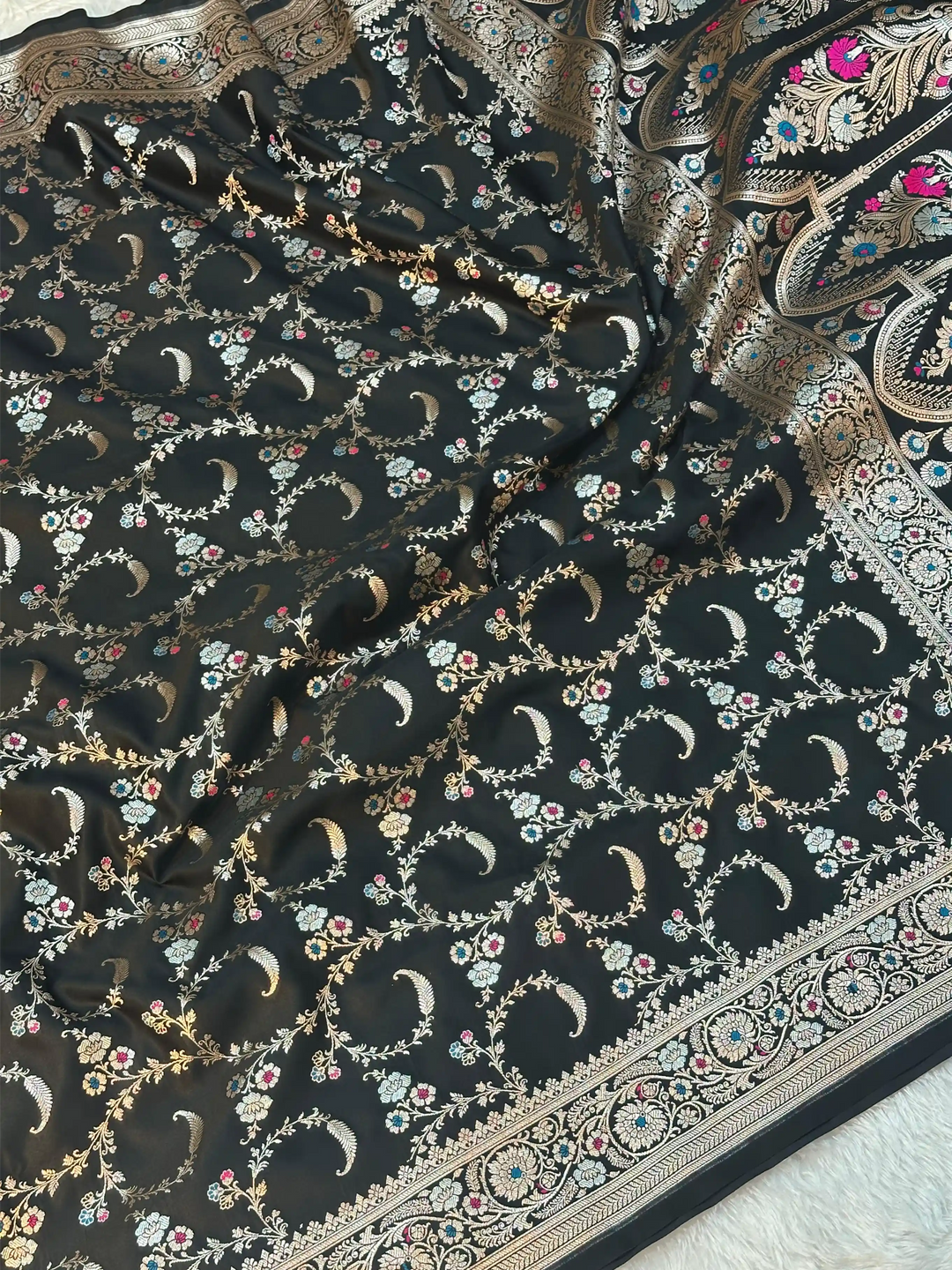 Jet Black Mashru Katan Silk Intricate Meenakari Banarasi Saree
