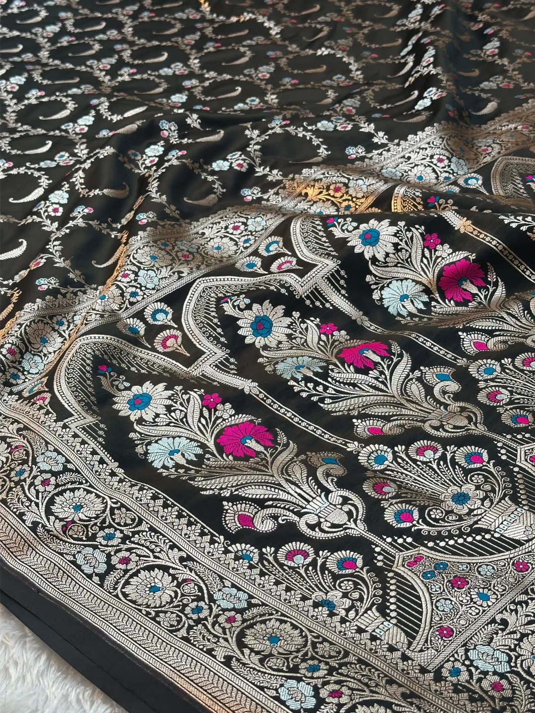 Jet Black Mashru Katan Silk Intricate Meenakari Banarasi Saree