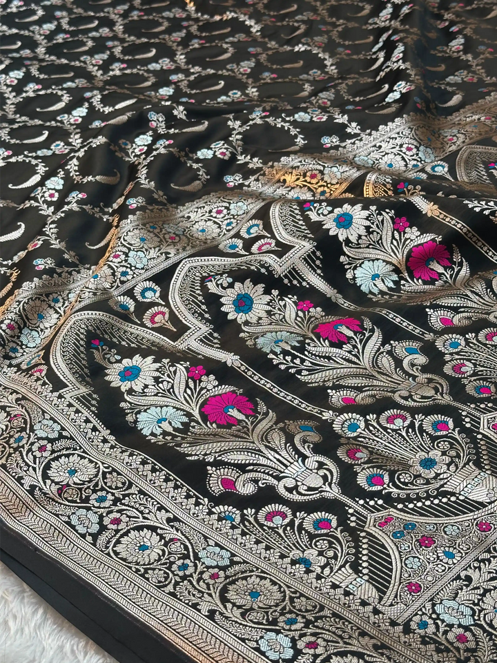 Jet Black Mashru Katan Silk Intricate Meenakari Banarasi Saree