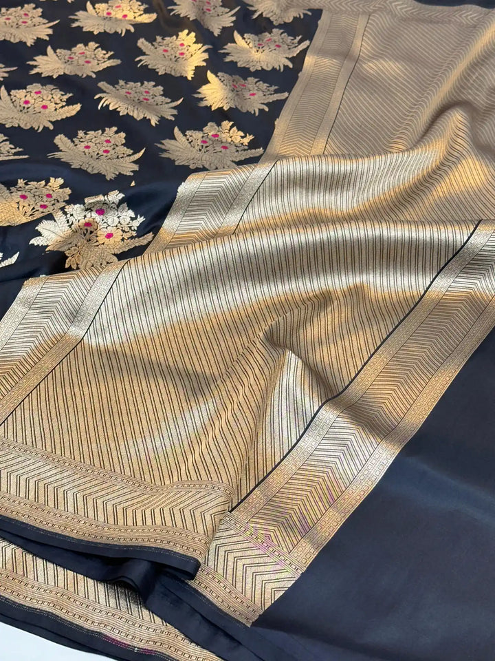 Jet black Alfi pure katan silk Banarasi saree 