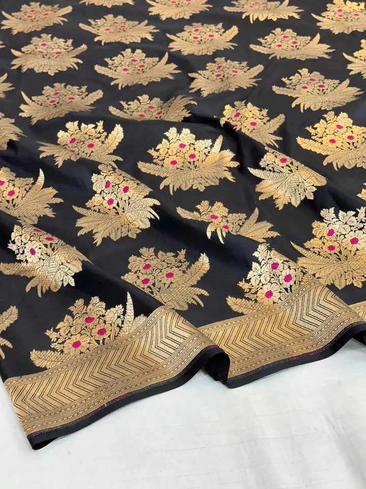Jet black Alfi pure katan silk Banarasi saree 