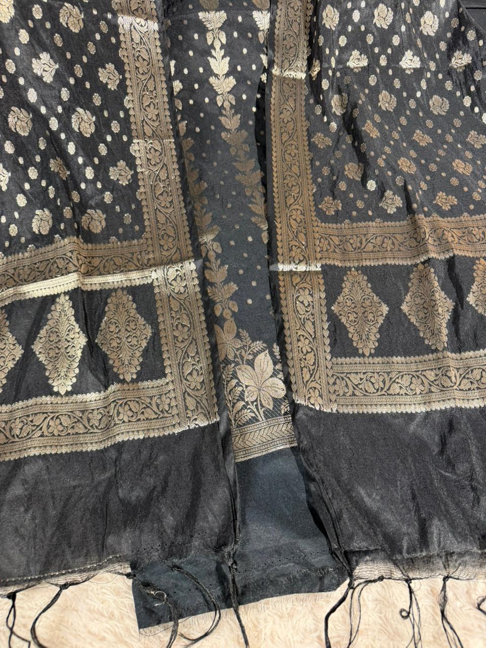 Jet black chinia silk 3 pcs banarasi suit