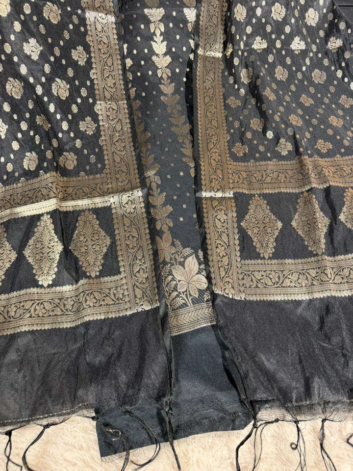 Jet black chinia silk 3 pcs banarasi suit