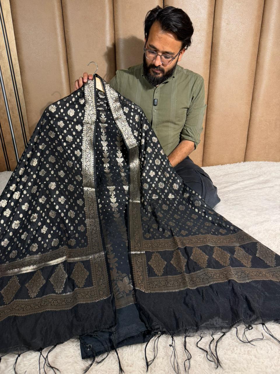 Jet black chinia silk 3 pcs banarasi suit