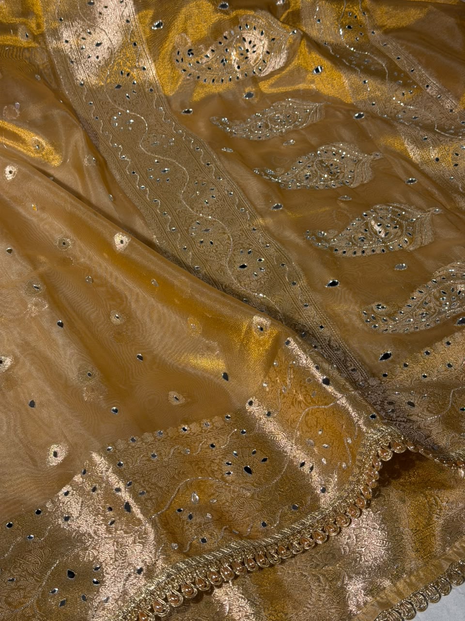 Never Seen Copper Gold Tissue Mirror Work Saree