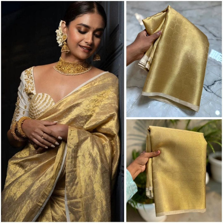 Keerthy Suresh Premium Gold Kanjivaram Tissue Silk Saree