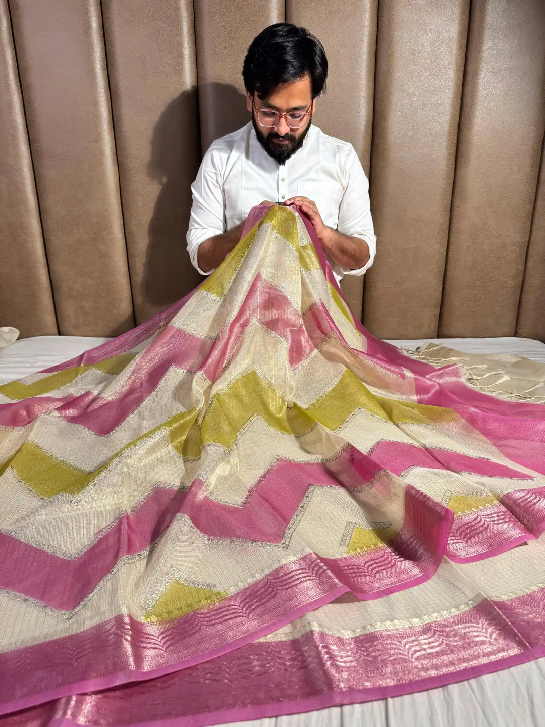 Kota Tissue Saree with Handbrush Paints and Zari Chikankari Work 