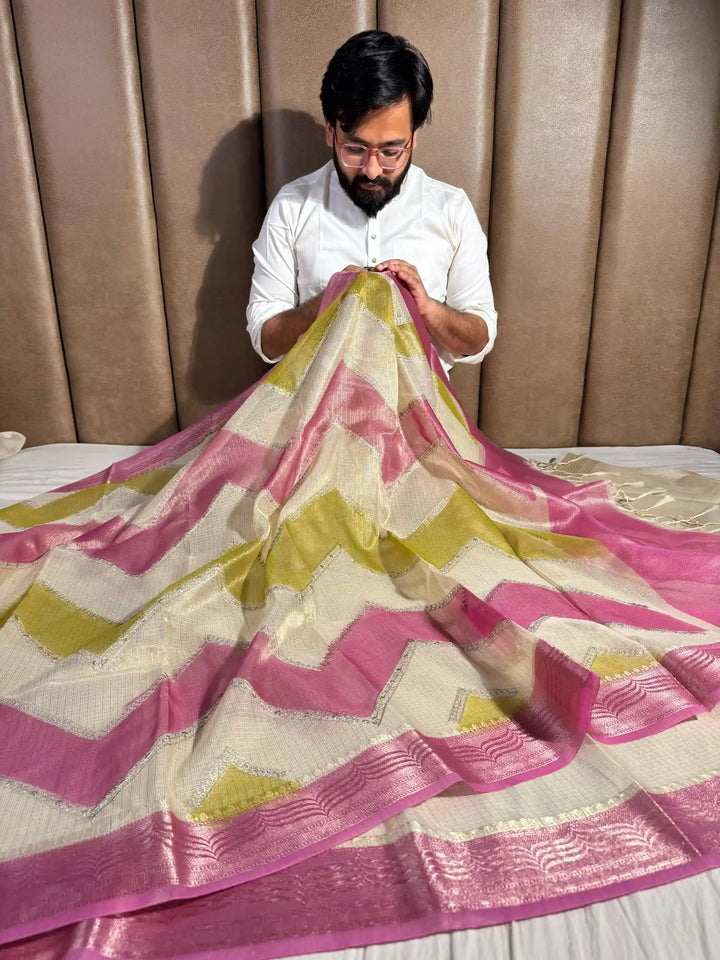 Kota Tissue Saree with Handbrush Paints and Zari Chikankari Work 