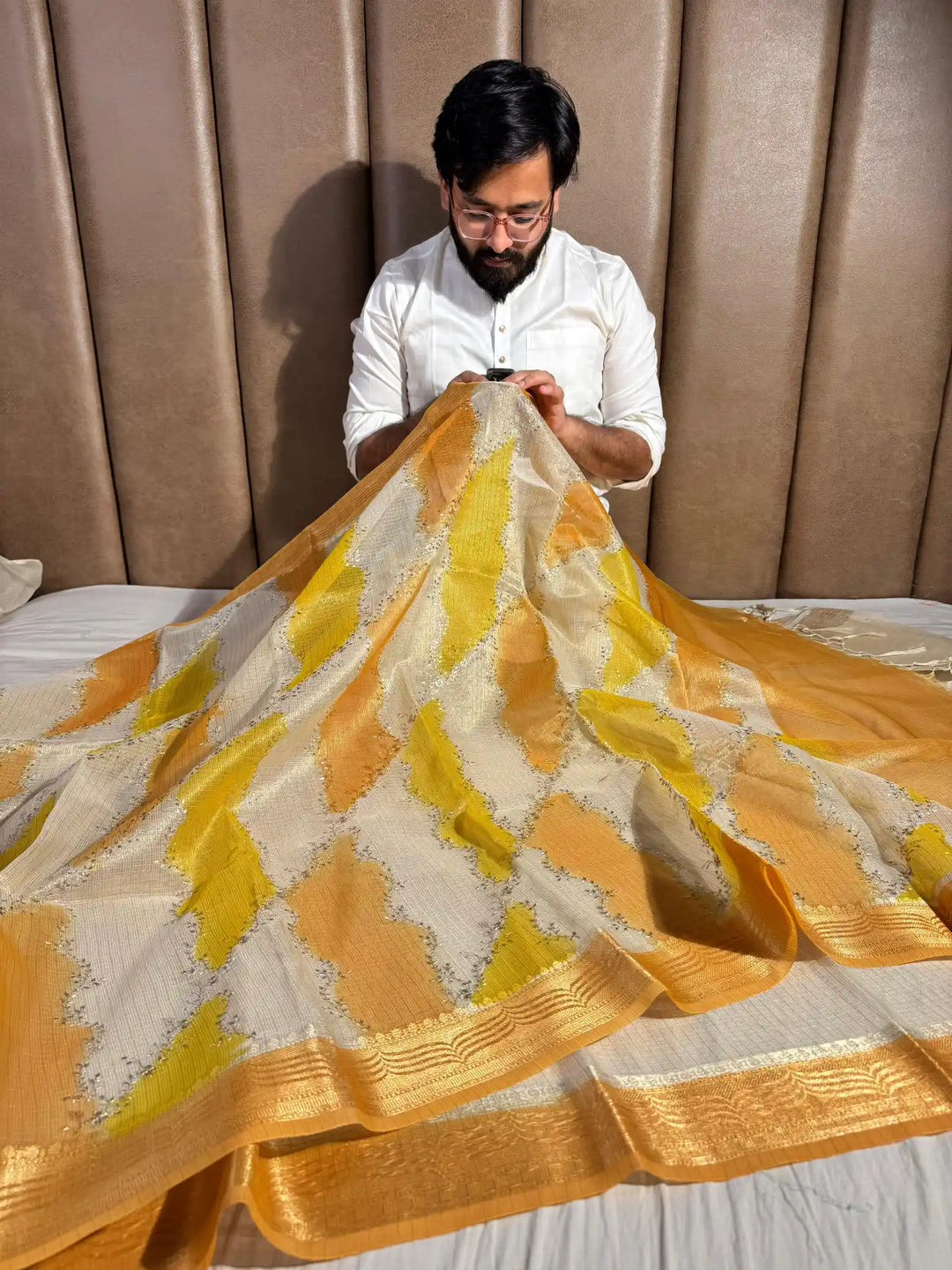 Kota Tissue Saree with Handbrush Paints and Zari Chikankari Work