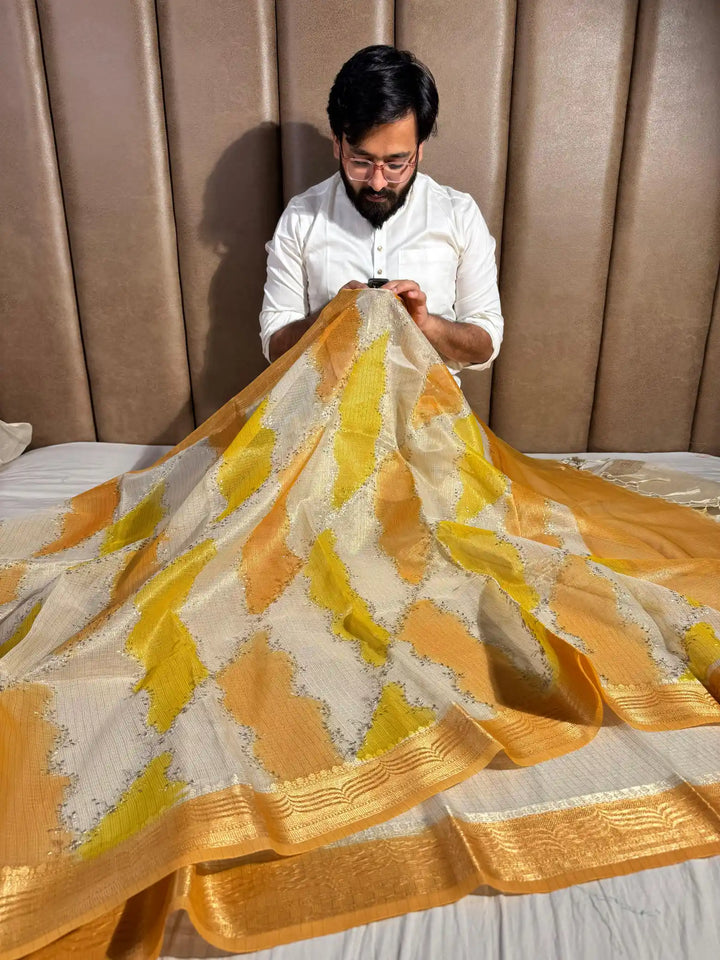 Kota Tissue Saree with Handbrush Paints and Zari Chikankari Work