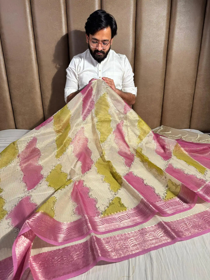 Kota Tissue Saree with Handbrush Paints and Zari Chikankari Work