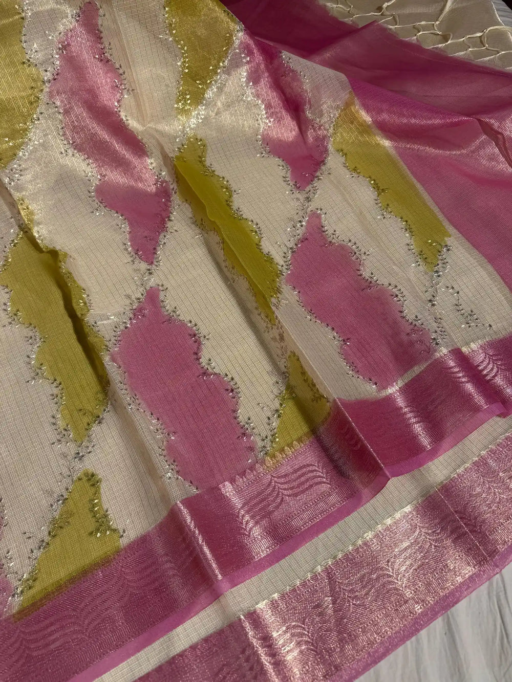 Kota Tissue Saree with Handbrush Paints and Zari Chikankari Work