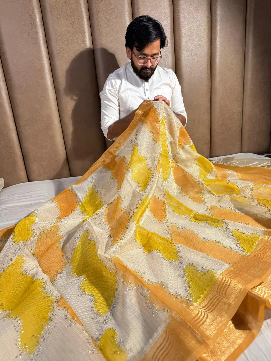 Kota Tissue Saree with Handbrush Paints and Zari Chikankari Work