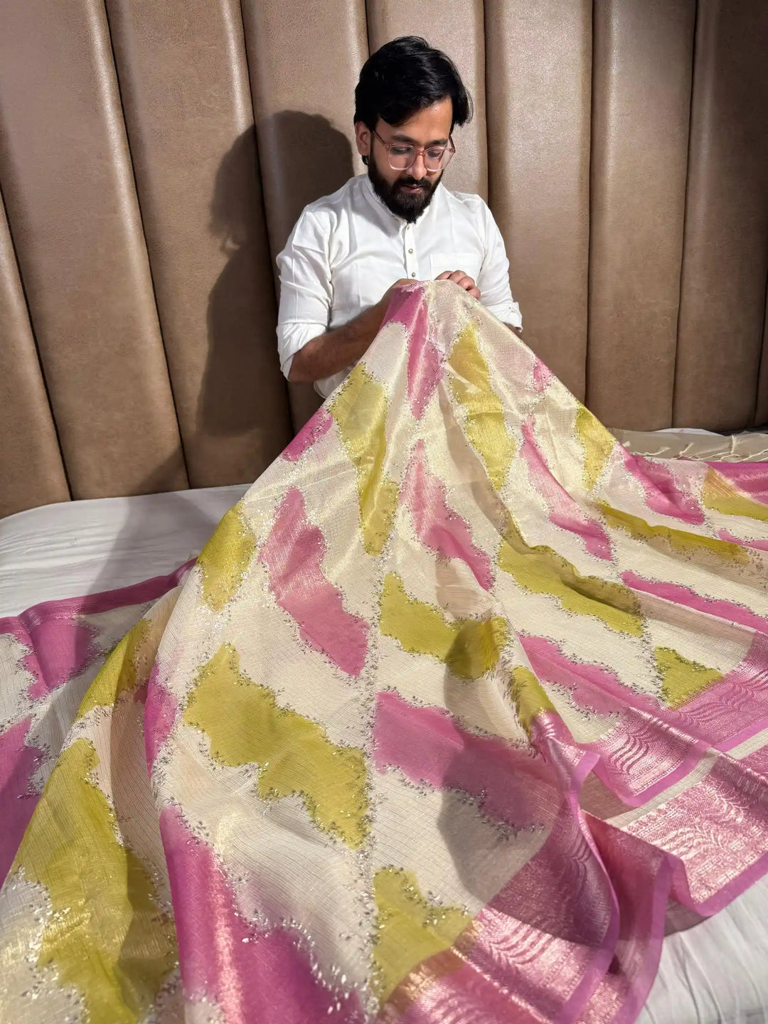 Kota Tissue Saree with Handbrush Paints and Zari Chikankari Work