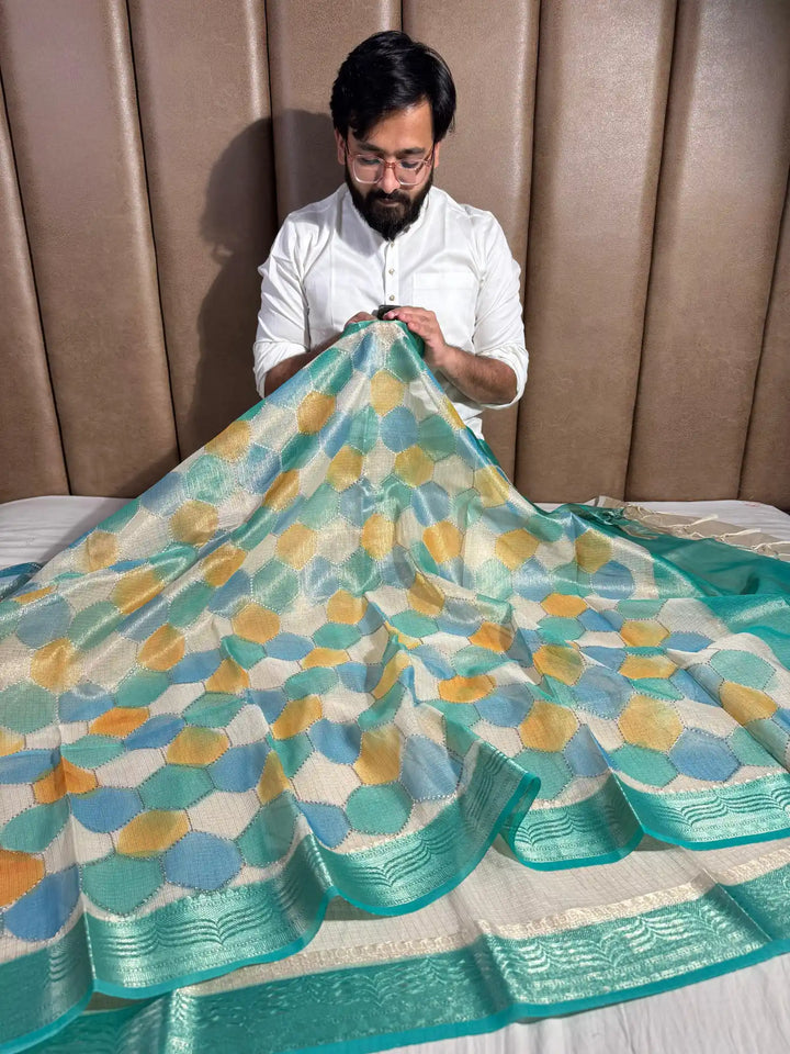 Kota Tissue Saree with Handbrush Paints and Zari Chikankari Work
