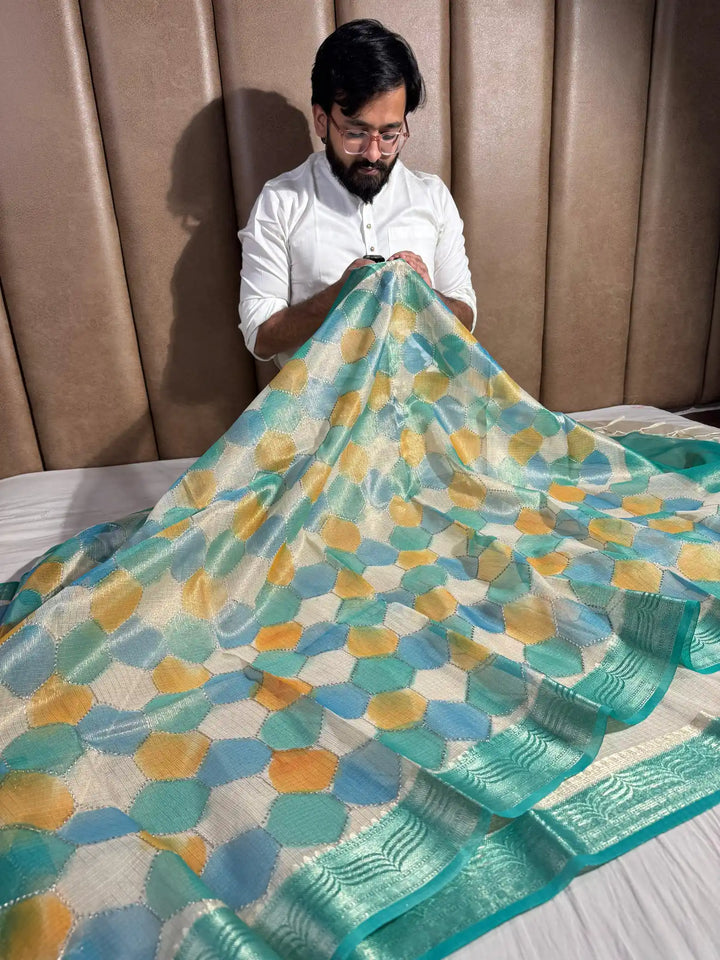 Kota Tissue Saree with Handbrush Paints and Zari Chikankari Work