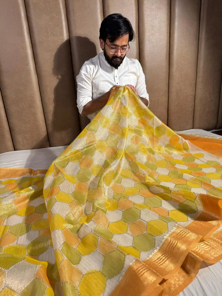 Kota Tissue Saree with Handbrush Paints and Zari Chikankari Work