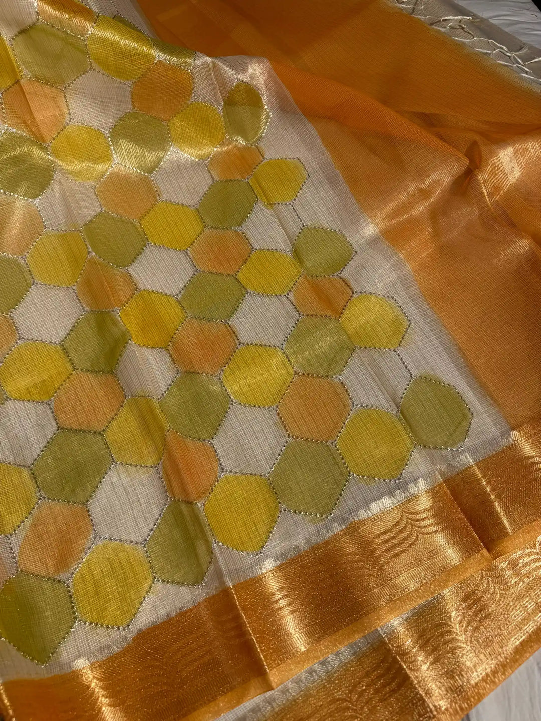 Kota Tissue Saree with Handbrush Paints and Zari Chikankari Work