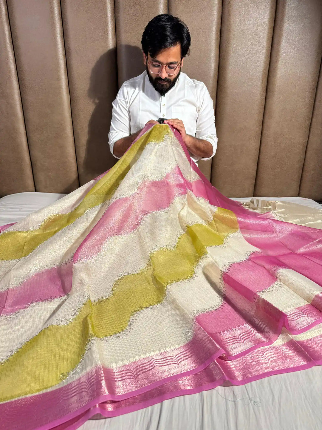 Kota Tissue Saree with Handbrush Paints and Zari Chikankari Work