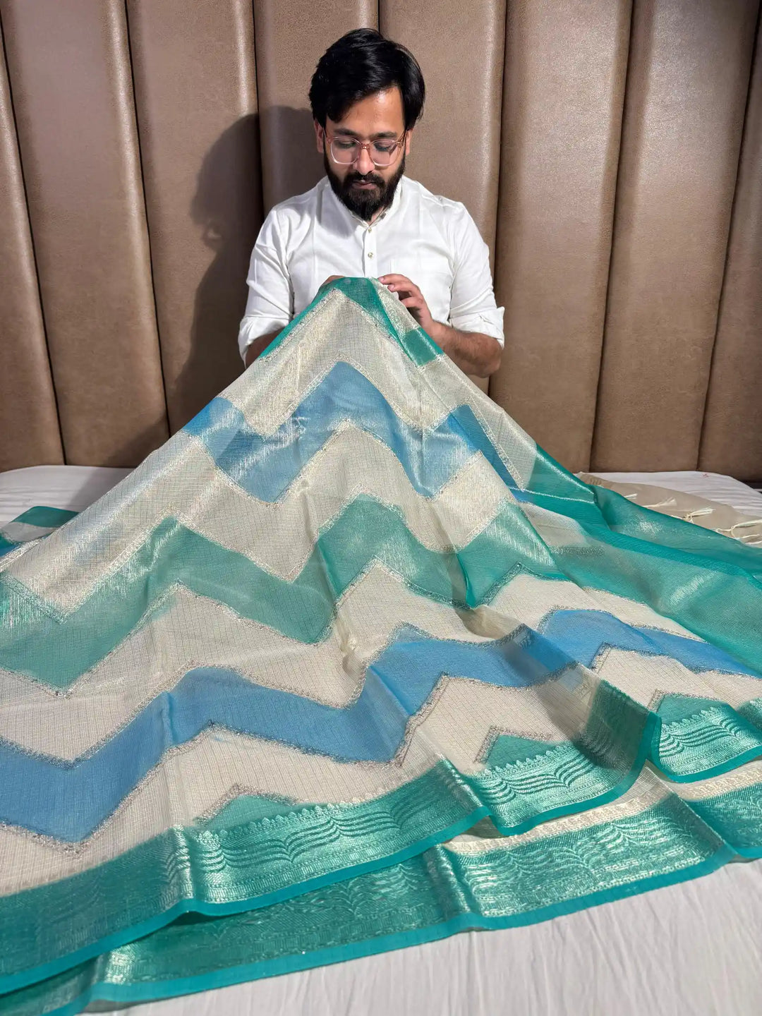 Kota Tissue Saree with Handbrush Paints and Zari Chikankari Work