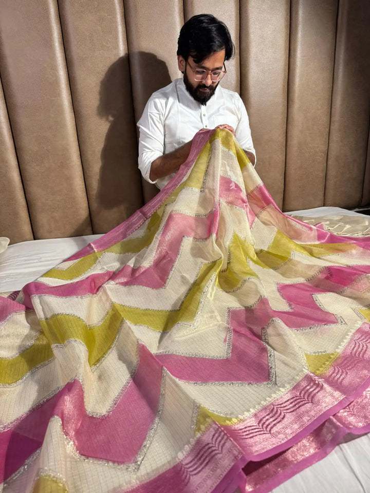 Kota Tissue Saree with Handbrush Paints and Zari Chikankari Work 
