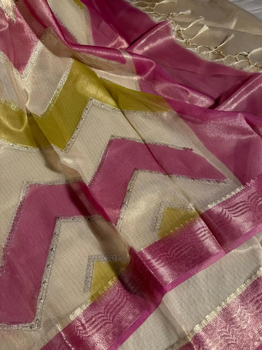Kota Tissue Saree with Handbrush Paints and Zari Chikankari Work 