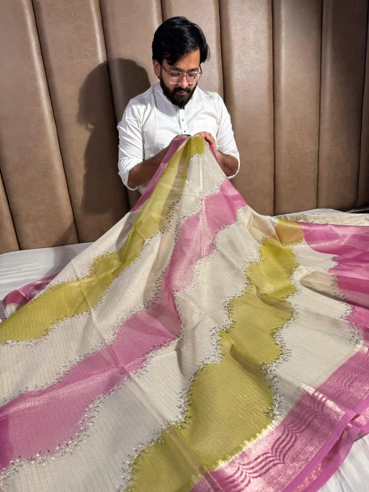 Kota Tissue Saree with Handbrush Paints and Zari Chikankari Work