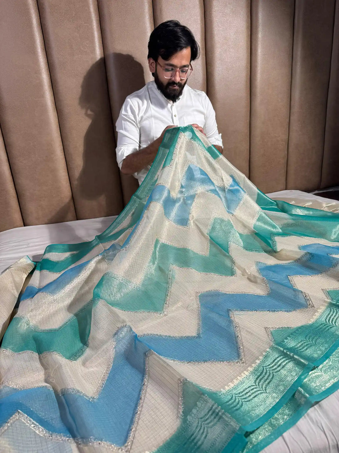 Kota Tissue Saree with Handbrush Paints and Zari Chikankari Work